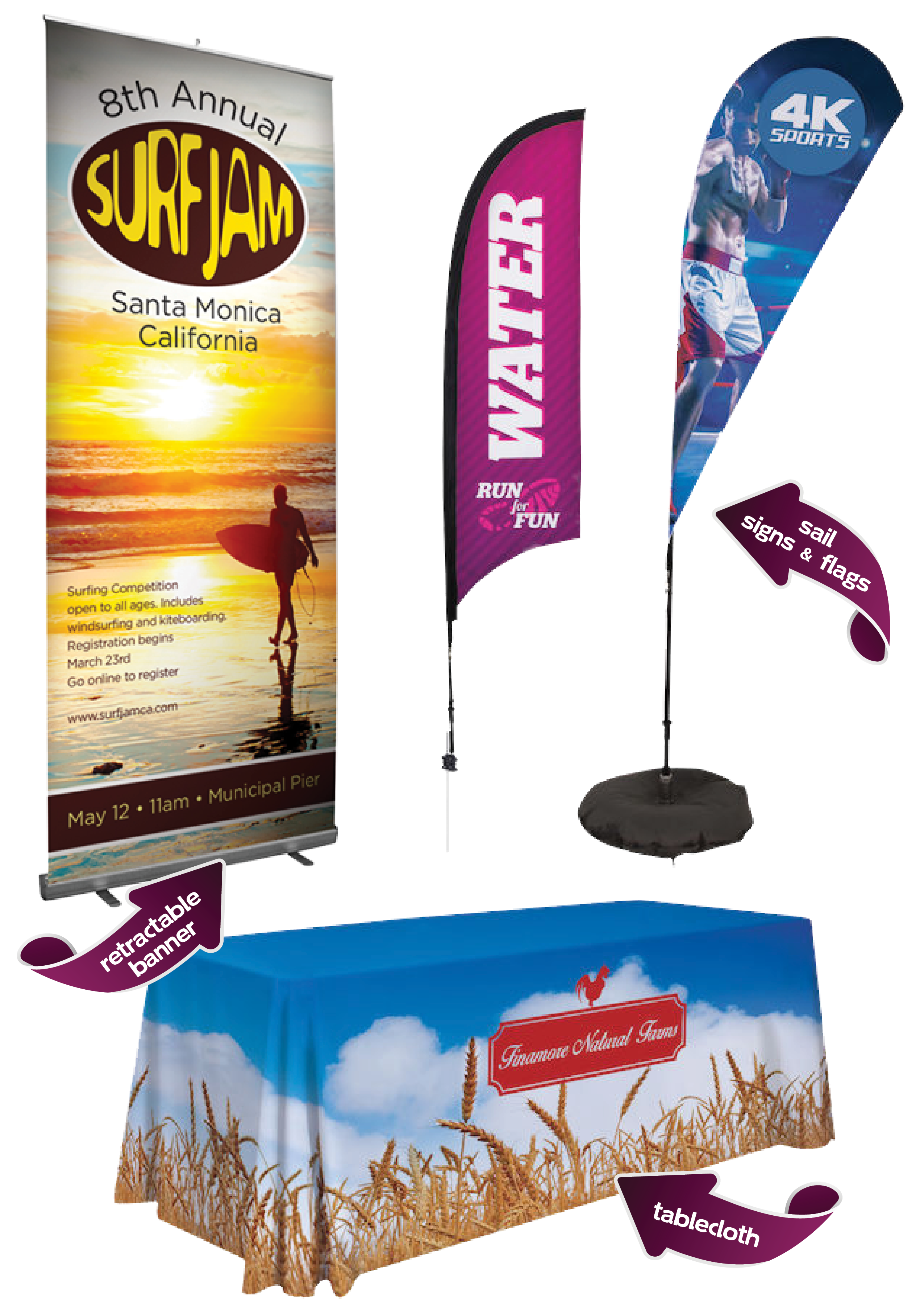 retractable banners, flags, table clothes