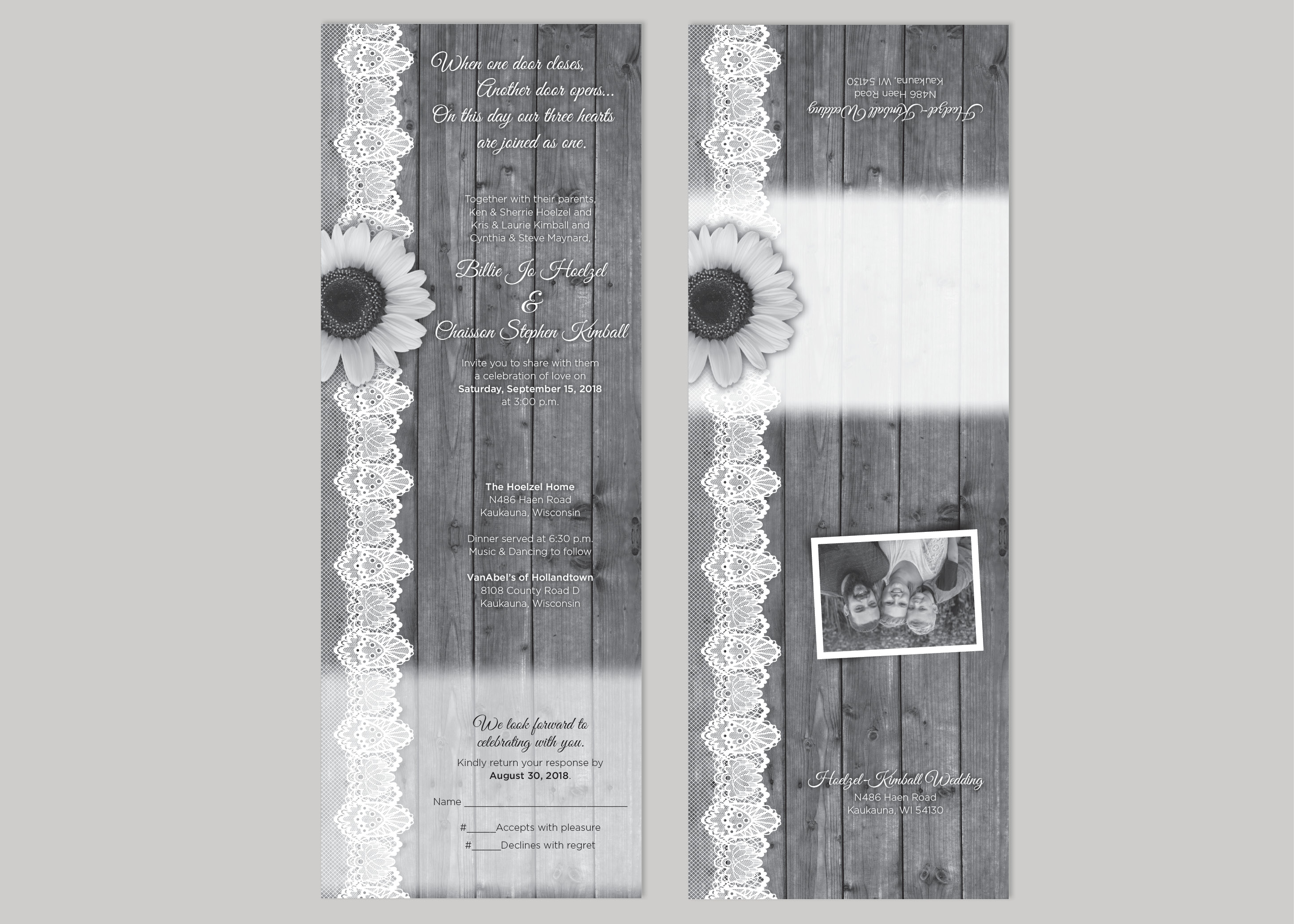 Black and White Wood Panel with Lace and Sunflower Wedding Invitation