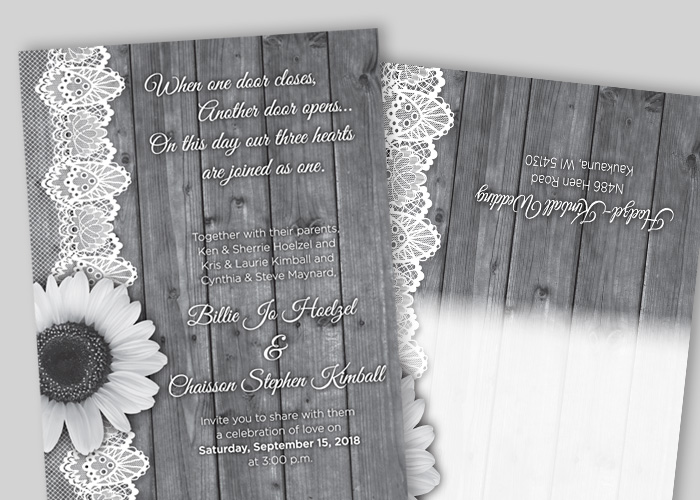 Black and White Wood Panel with Lace And Sunflower Wedding Invitation