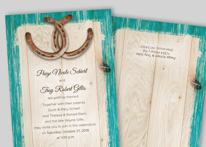 Wood with Horseshoes Teal Distressed Wedding Invite